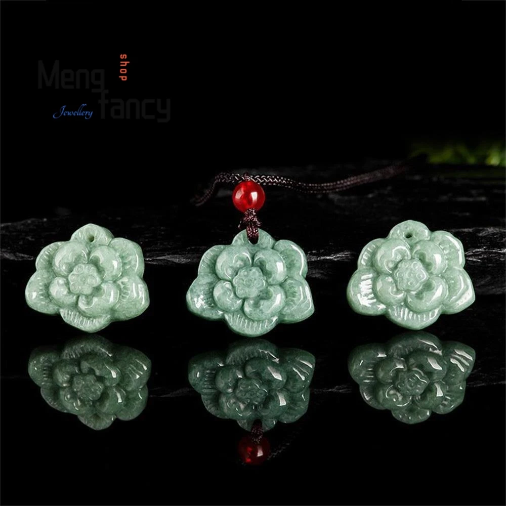 

Natural A-grade Jadeite Green Lotus Flower Jade Pendant Simple Fashion Jewelry Best Selling Popular Couple Holiday Gifts Mascots