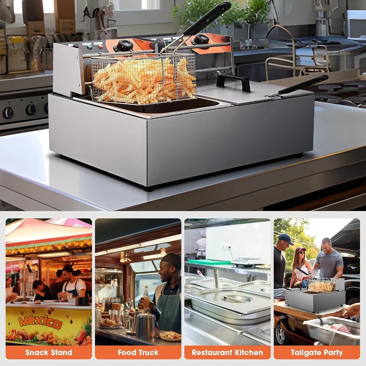 ^Commercial Deep Fryer 24L 5000W with Dual Tank Baskets Stainless | Steel Electric Countertop Fryer for Restaurant Bar