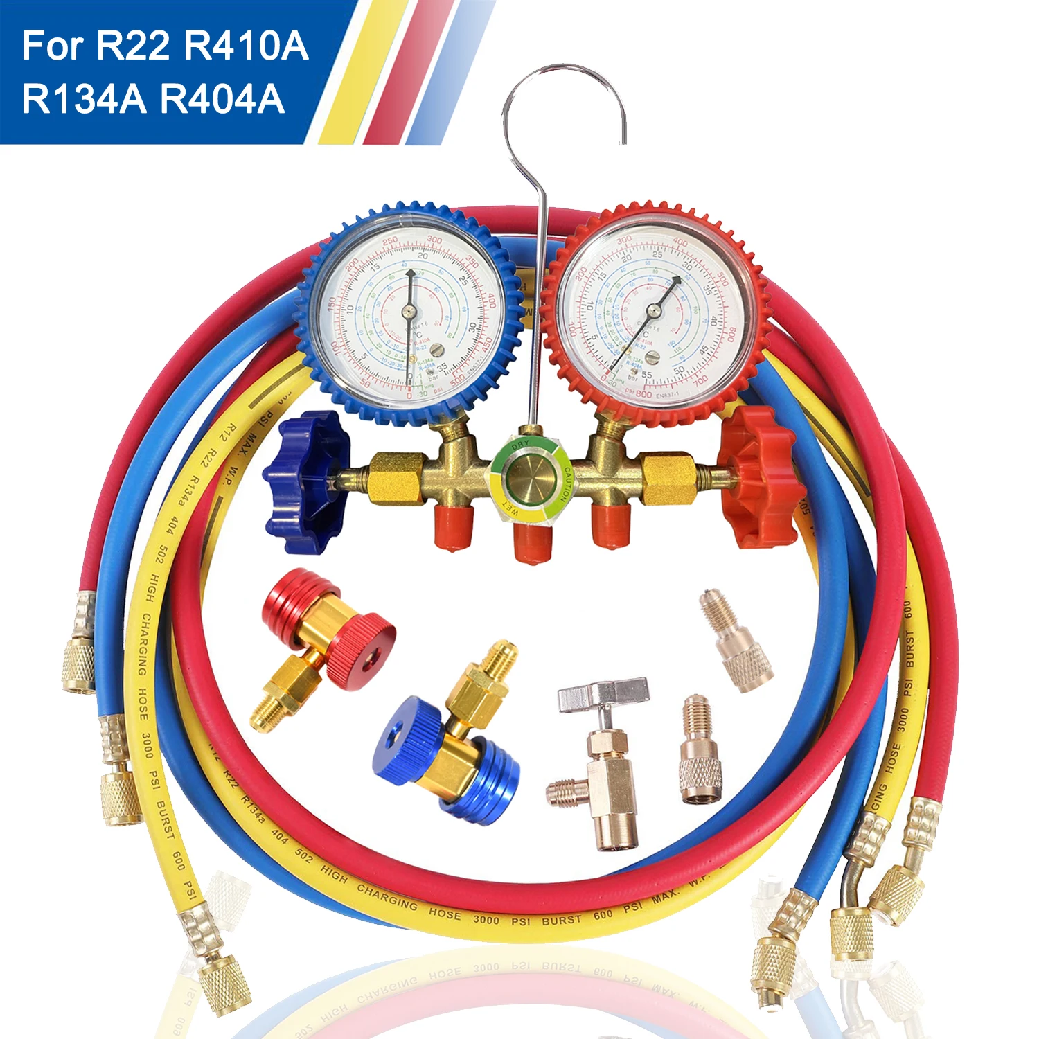 R134a Air Conditioning Pressure Gauge with Hose and Hook 3 Way AC Diagnostic Manifold Gauge Set Freon For R12 R22 R404A R134a