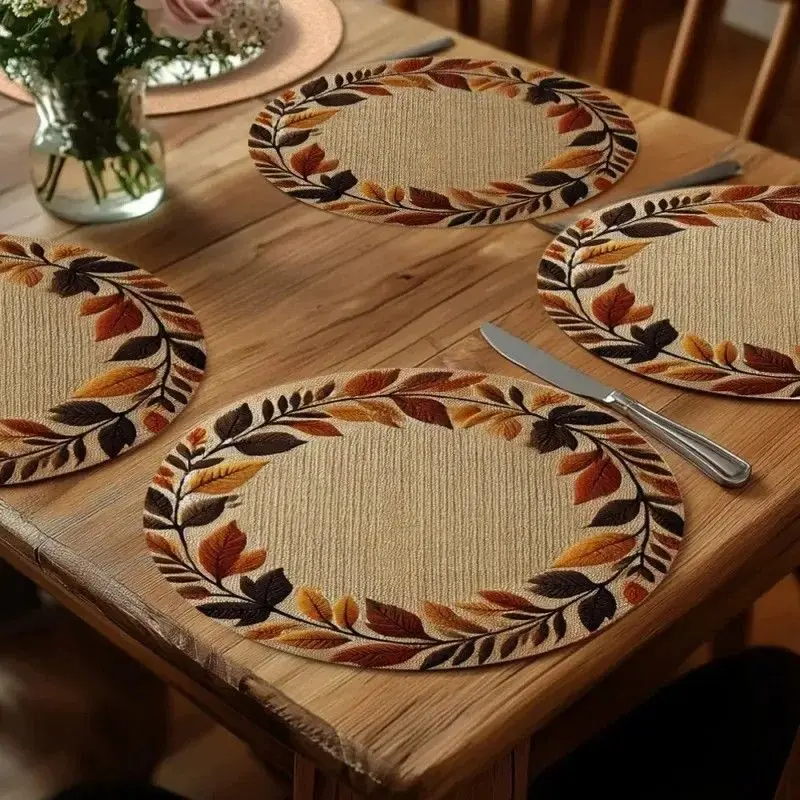 VIKAMA Autumn Leaf Wreath Round Placemats Linen Texture Heat Resistant Washable Farmhouse Dining Kitchen Table Decor Mat