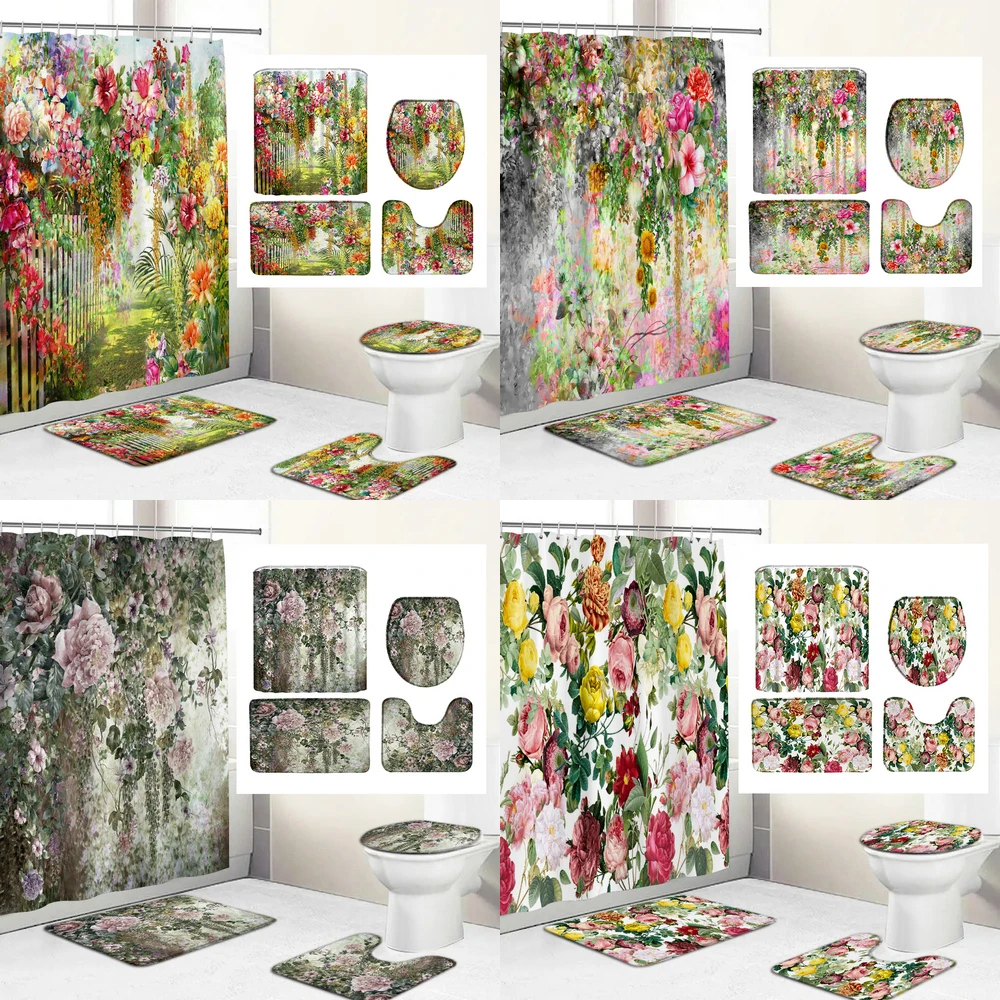 

Colour Flowers Waterproof Polyester Shower Curtain Set Anti-slip Soft Bath Carpet Mat Lid Toilet Cover Bathroom Set Decor