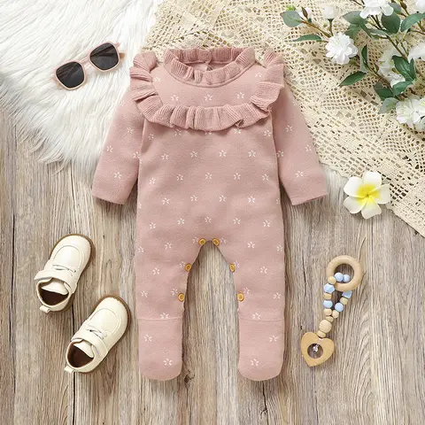 아기 소녀 니트 Rompers 옷 핑크 긴 소매 신생아 유아 원피스 점프 슈트 복장 0-18m 유아 겉옷 Playsuits