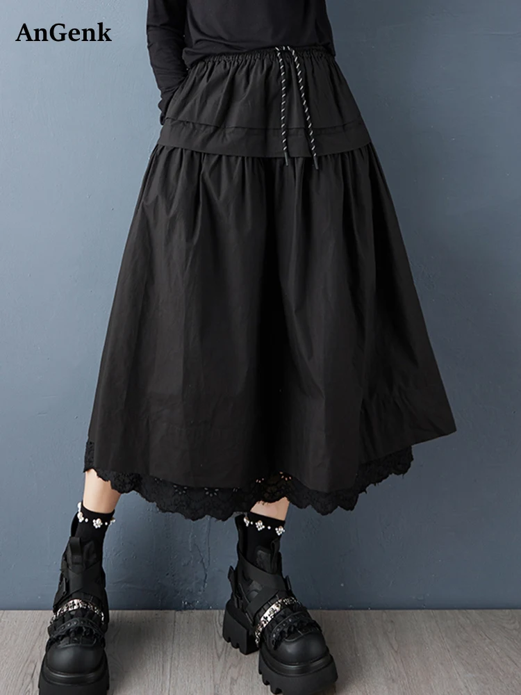 

Черная винтажная кружевная юбка с высокой талией, женская новая модная свободная повседневная длинная юбка больших размеров, весна-осень 2025 г.