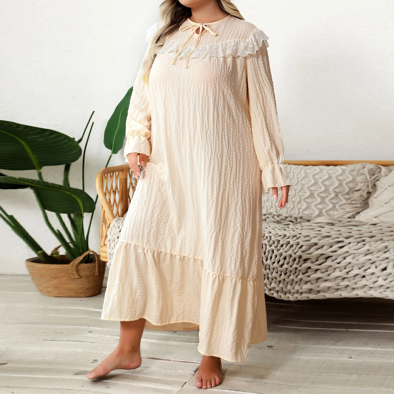 ผู้หญิง PLUS ขนาด Nightgown หลวมลูกไม้ Trim รอบคอยาวแขนยาวชุดนอนชุดลําลองชุดนอนหลวม PLUS ขนาดชุด