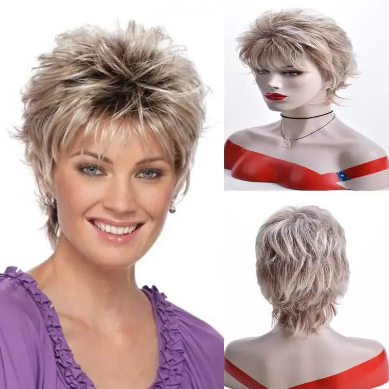 Womens Fashion Short Hair Synthetic Wig with Bangs Blonde Ombre Pixie Cut Haistyle Mommy Daily Costume Party Wigs for Lady