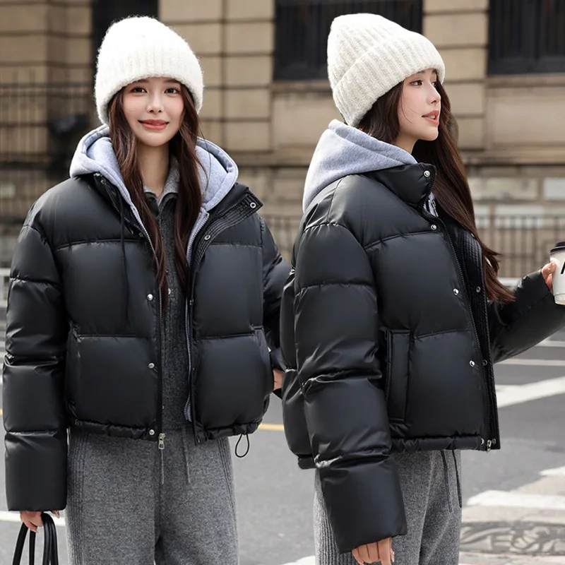 Women Spliced Oversize Parkas Coat Hooded Jacket Solid Drawstring Hem Zipper Straight Fit Thick Office Lady Casual Winter 2025