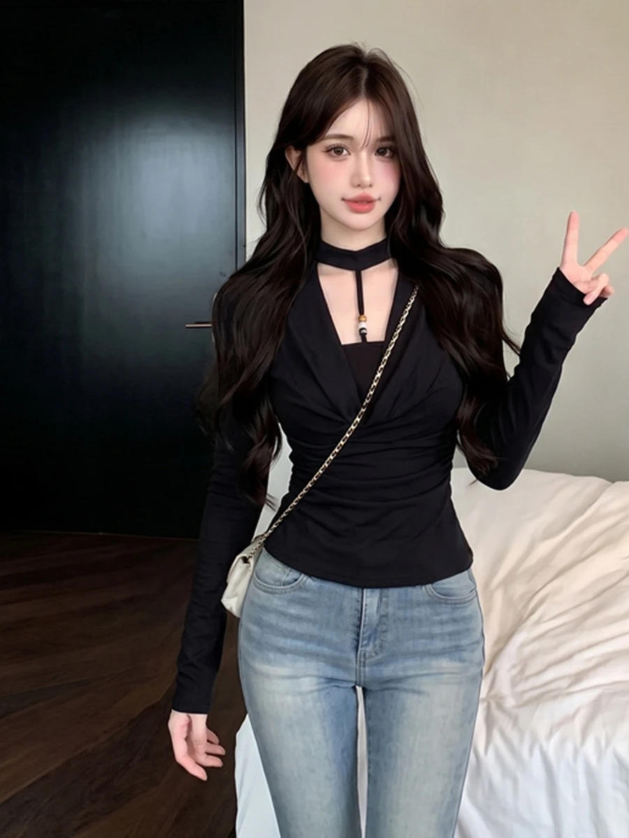 Sexy Slim Fit White Long Sleeve Collarless Hang Neck Base Shirt Women's Inner Wear T-shirt Autumn New Style Pure Color Casual