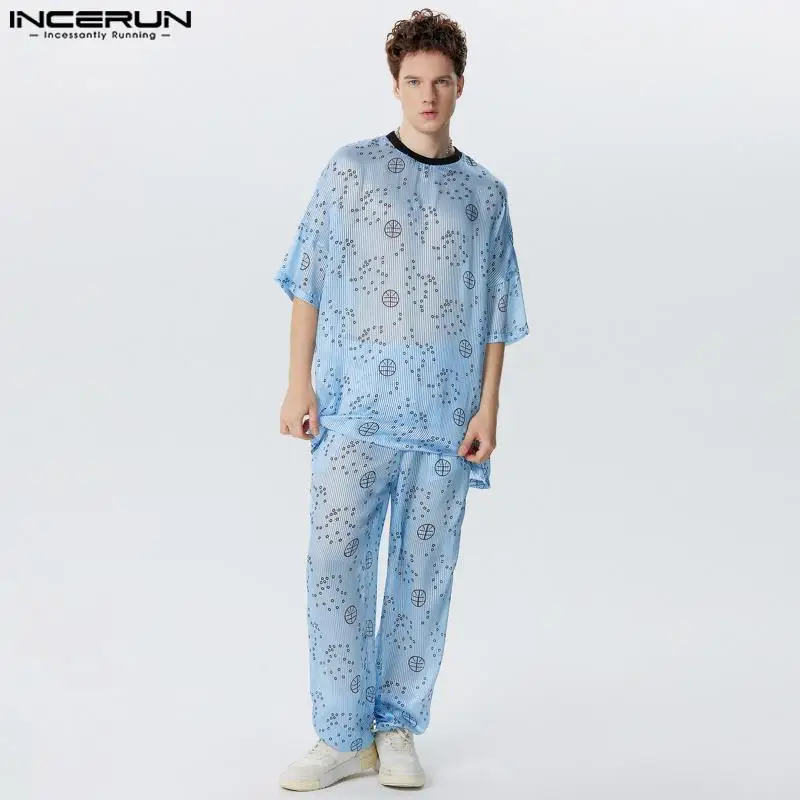 INCERUN Men Clothing Fashion Men's Sets Print Seven Quarter Sleeves Sets 2PCS Transparent T-shirts Long Pants Male Suits