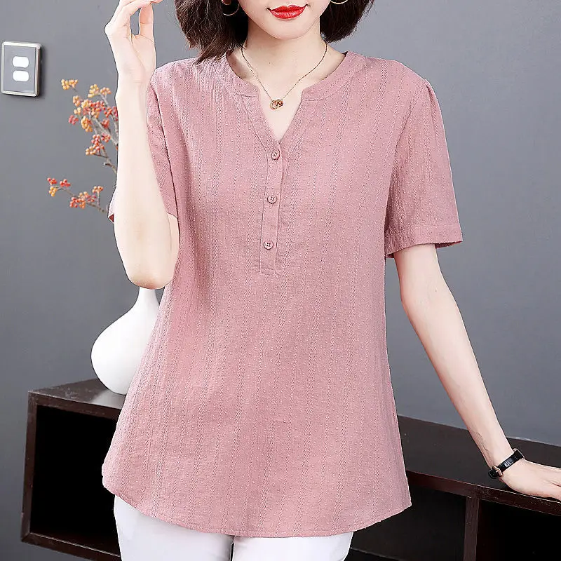 Clothes for Women 2024 Spring Summer Fashion V Neck Solid Blouse Elegant Short Sleeve Loose Shirt Casual Cotton Tunic Tops Blusa