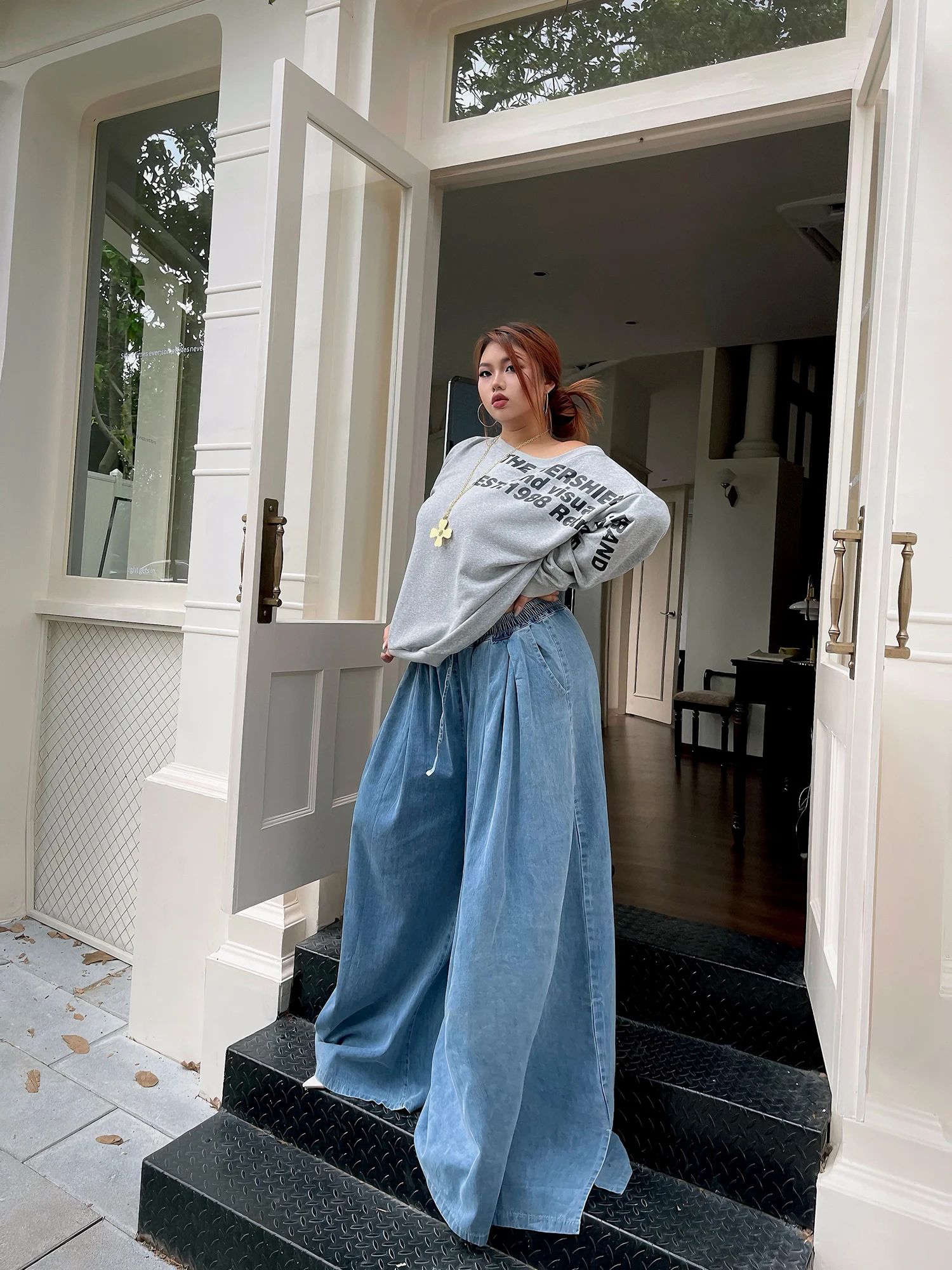 

Джинсы свободного кроя с высокой талией, женские джинсы больших размеров с эластичной резинкой на талии, широкие брюки-фонарики с эффектом похудения, ранняя осень, новый Sle