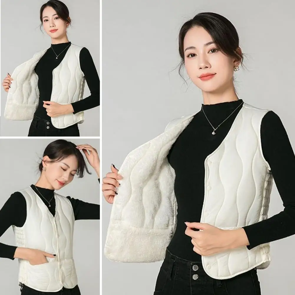 Multi-layer Stitched Vest Women's Winter Layering Vest Coat Thin Padded Button Closure Round Neck Sleeveless Design for Cold