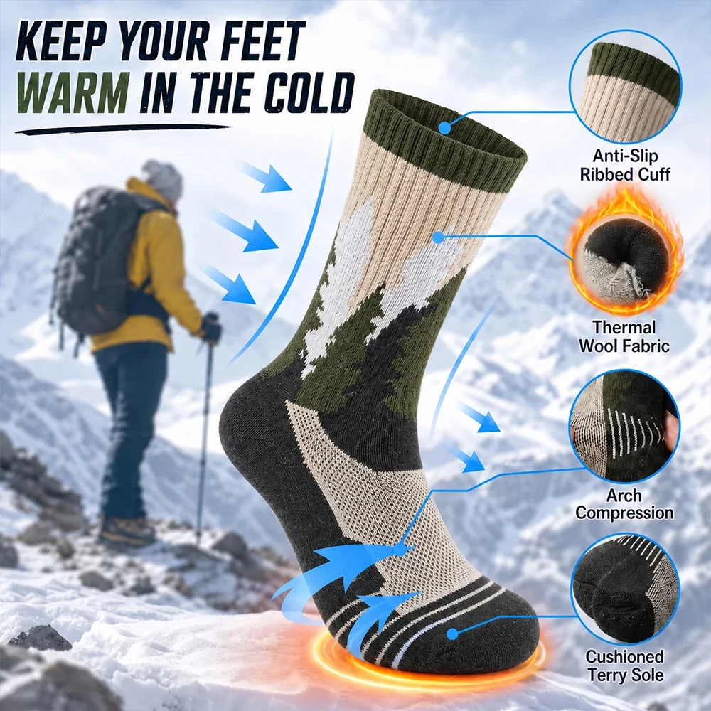 3 Pairs Mens Wool Winter Socks, Thick Warm Pine Tree Pattern Crew Boot Socks Thermal for Hiking Skiing Outdoor Cold Weather