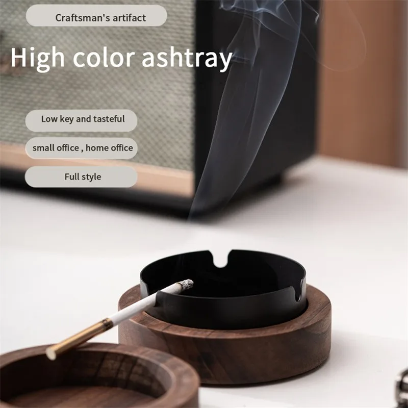 Walnut Wood Ashtrays With Lid Covered Windproof Ashtray With Stainless Steel Liner Indoor Outdoor Ash Tray For Home