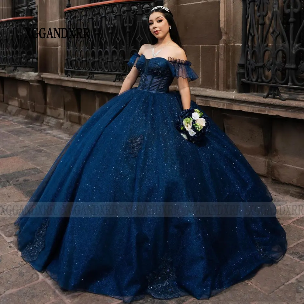 Vestido De baile azul marino para quinceañera, traje De princesa con lentejuelas florales en 3D, escote Corazón, dulce 16, 2024