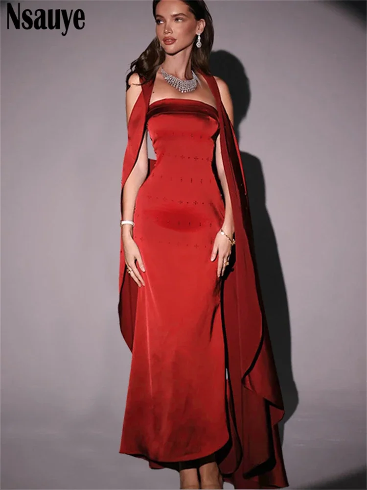 Nsauye New Fashion Chic Elegant Women Night Club Sexy Off Shoulder Satin Red Long Wrap Party Dress Strapless Maxi Dress 2024