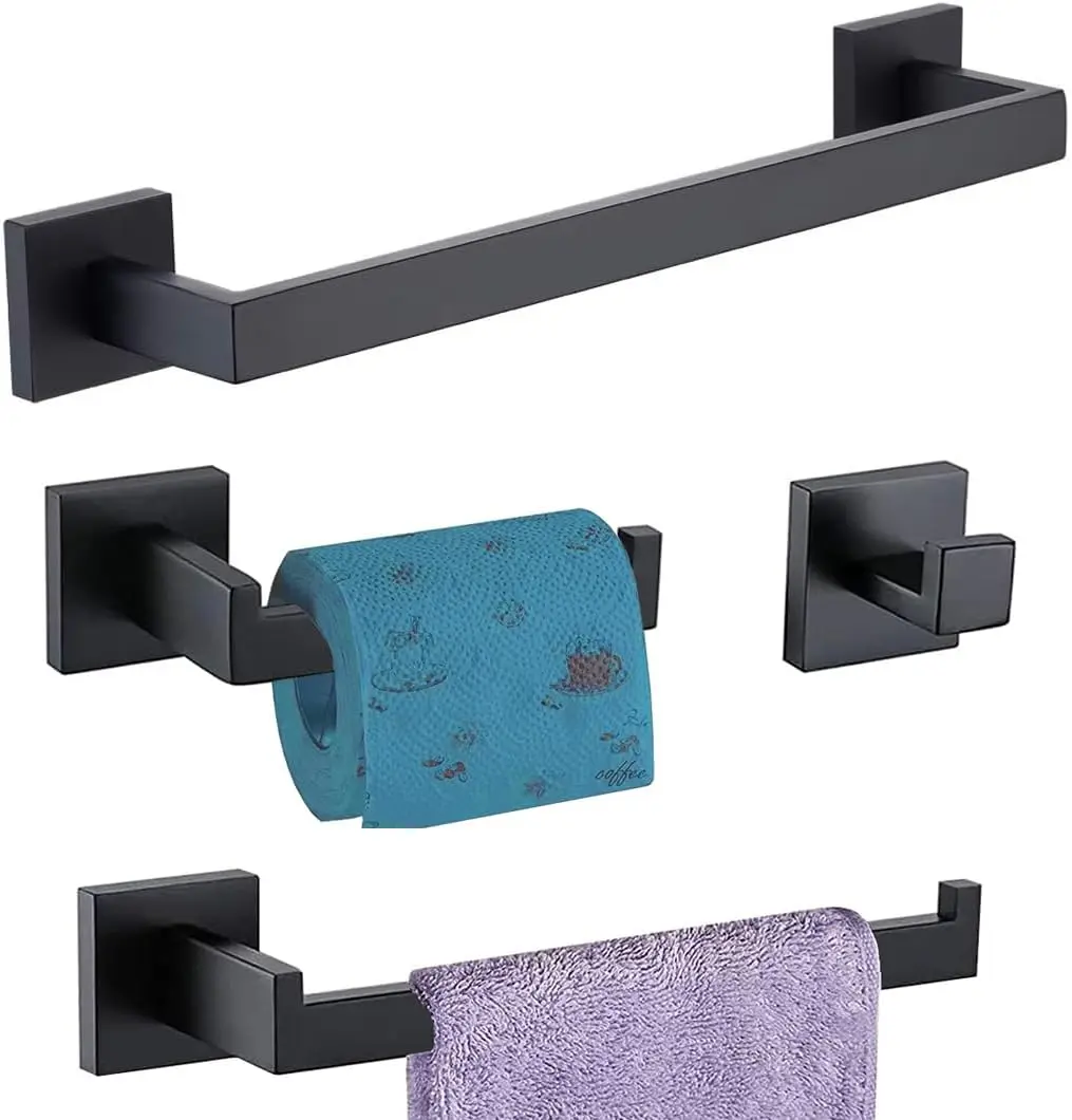 

4-Piece Matte Black Bathroom Hardware Set, SUS304 Towel Bar 16 Inch with Towel Ring, Toilet Paper Holder & Hooks