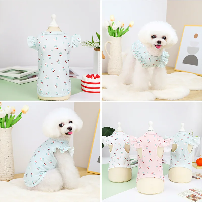 Ins New Dog Clothes Lace T-shirt Small and Medium Dog Schnauzer Floral Top Cartoon Cherry Pet Vest Summer Pet Clothes