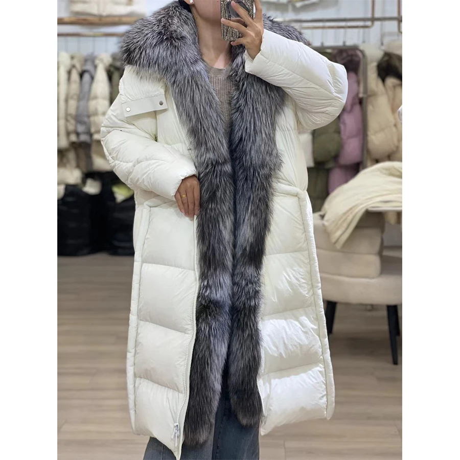 Doudoune à capuche en fourrure véritable pour femme, manteau long en duvet d'oie, fourrure de renard naturelle, chaud, hiver, 2024