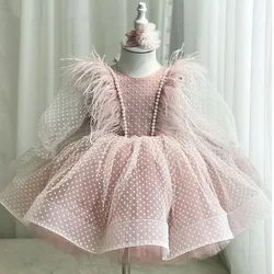 Baby Clothing Bow Beading Design Children Brithday Baptism Party Puffy Evening Gown Infant First Communion Dress For Girls A2605