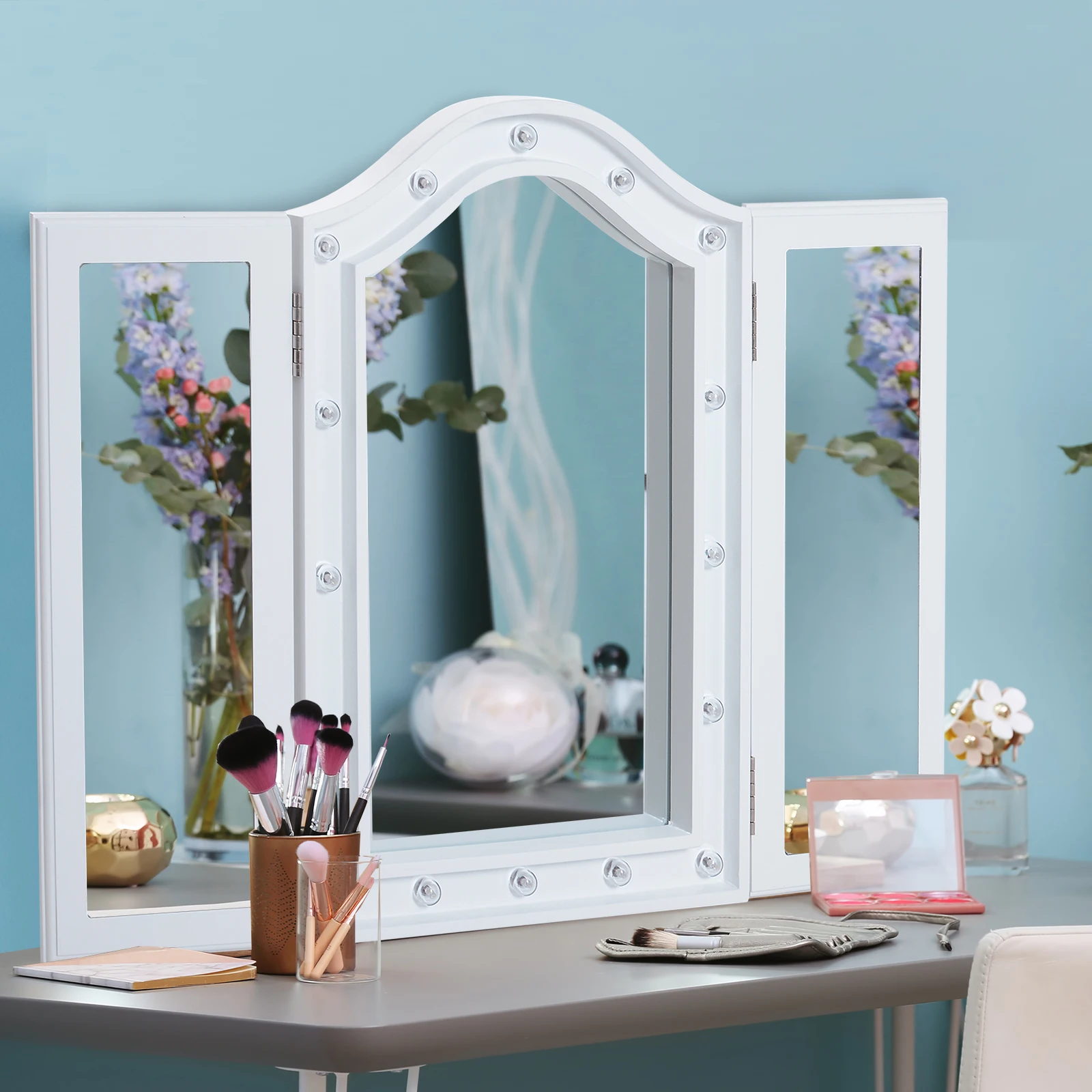 HOMCOM-Espejo de Maquillaje con Luz LED Plegable, Espejo Triple de Mesa
