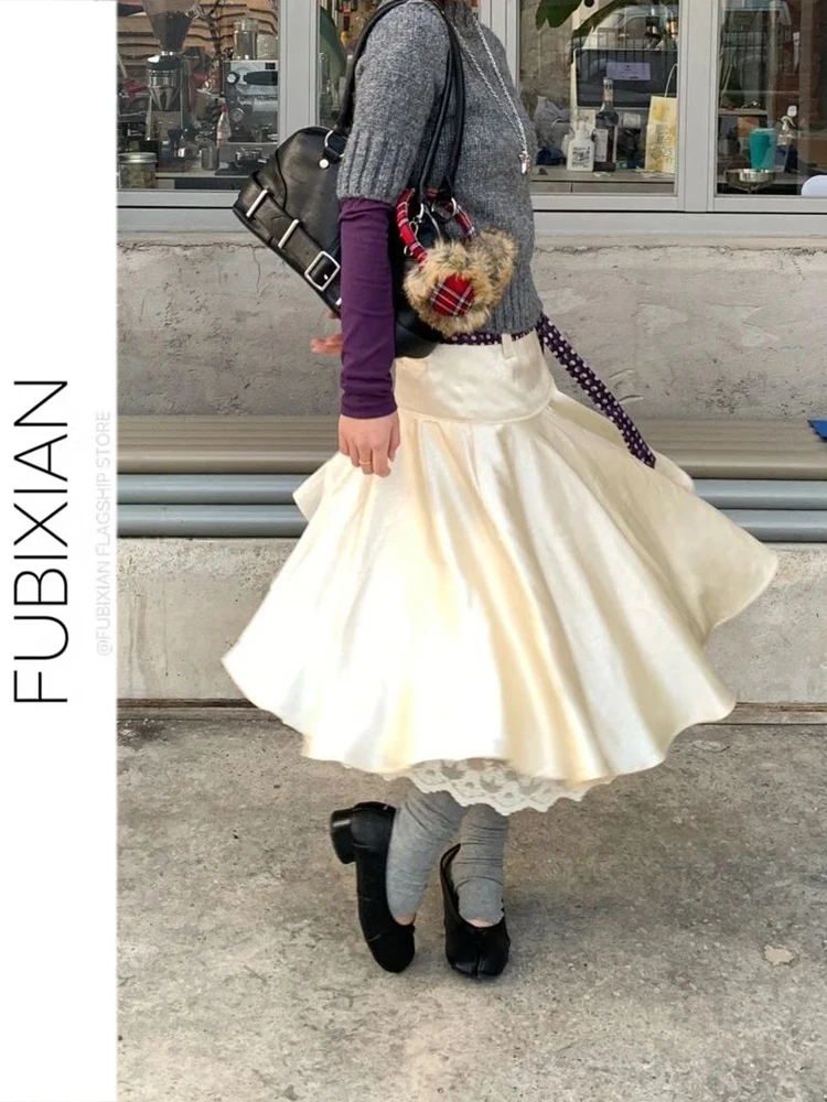 

Ретро-юбка миди с низкой талией и кружевным подолом для женщин, повседневная юбка А-силуэта с высокой талией из полиэстера, бежевая