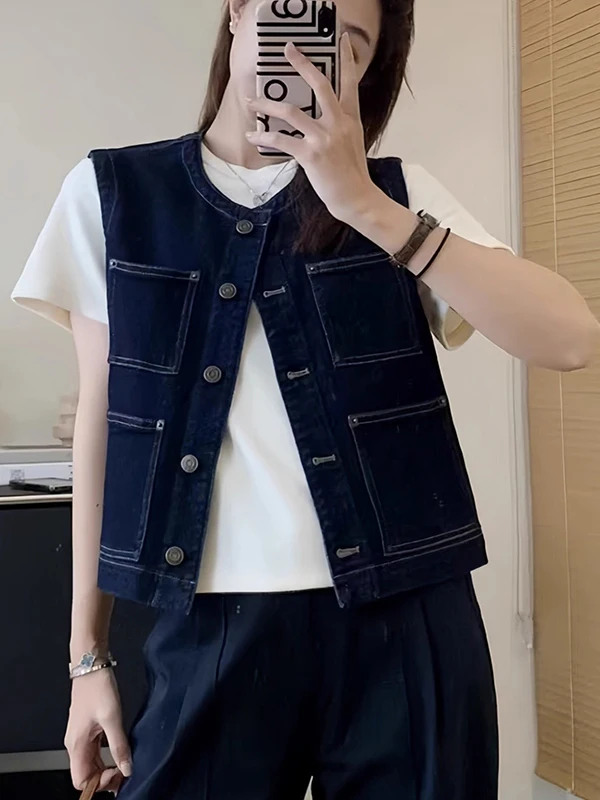 

Retro round Ne Svel Denim Vest ort Outerwear Women's Layering Versatile oulder Top Autumn New Arrival Commute S...