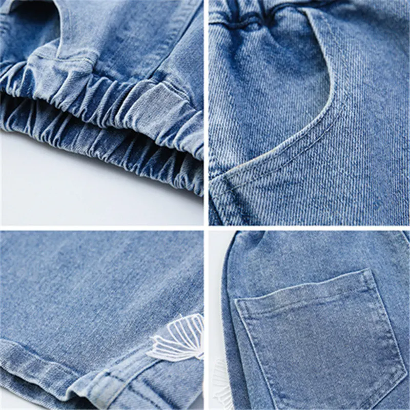 Jeans de perna larga infantil com estampa de borboleta, calças soltas para adolescentes, roupas de meninas, roupas infantis, 14Y