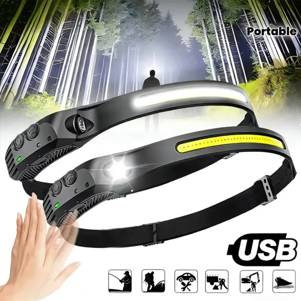 Headlamp LED Head Flashlight Sensor Built-in Battery USB Rechargeable COB Headlight LED Head Torch Camping Fishing Search Light