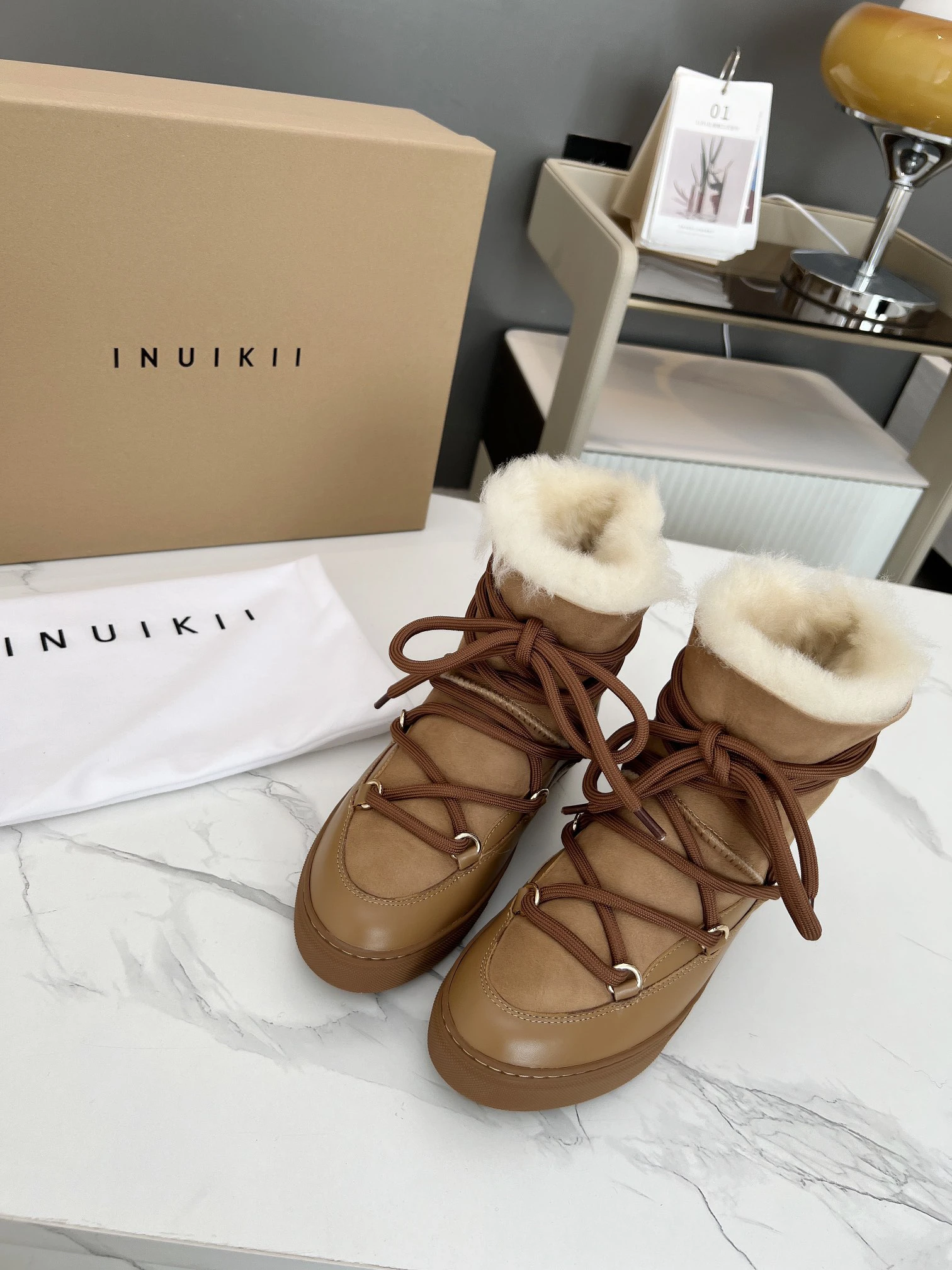 INUIKII Cow Suede Patchwork Short Boots Women Round Toe Inside Wool Warm Winter Shoes Leisure Cross-tied Flat Snow Boots Woman