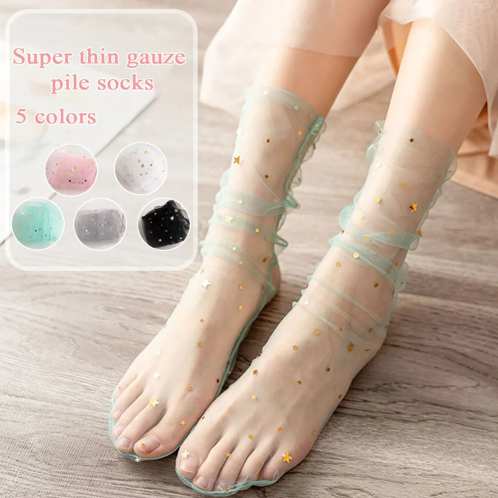 1pair Sexy Sequin Star Moon Mesh Lace Socks Summer Transparent Tulle Ankle Socks Loose Thin Breathable Female Stacked Socks