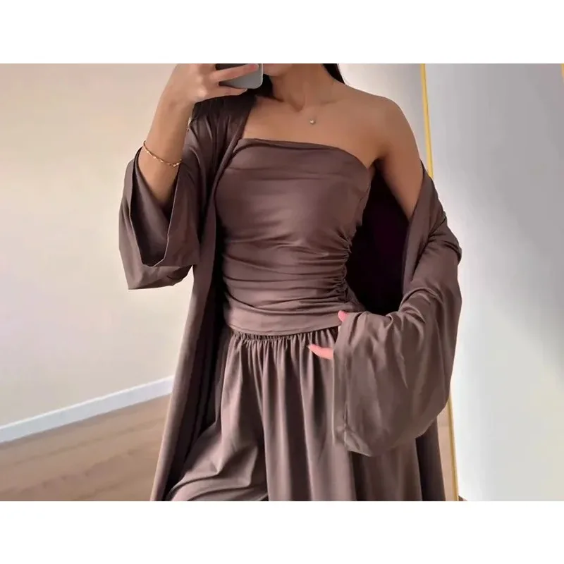 

Solid color women's clothing 2025 summer new casual three-piece set long jacket vest wide-leg trousers set D25032220