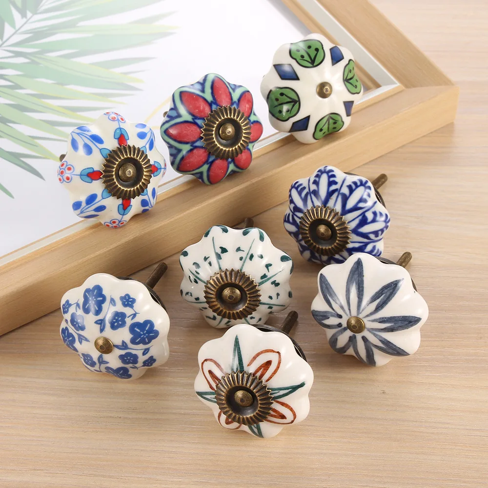 WV 2PCS Antique-Style Ceramic Handle European Printed Tea Canister Cabinet Door Classical Design Kitchen Storage Solution
