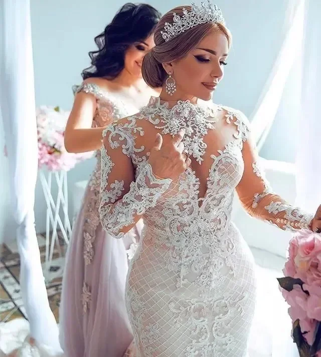 Op maat gemaakte elegante trouwjurk met hoge hals appliqué sleep tule satijn organza formele gelegenheid op maat gemaakte de Mariée