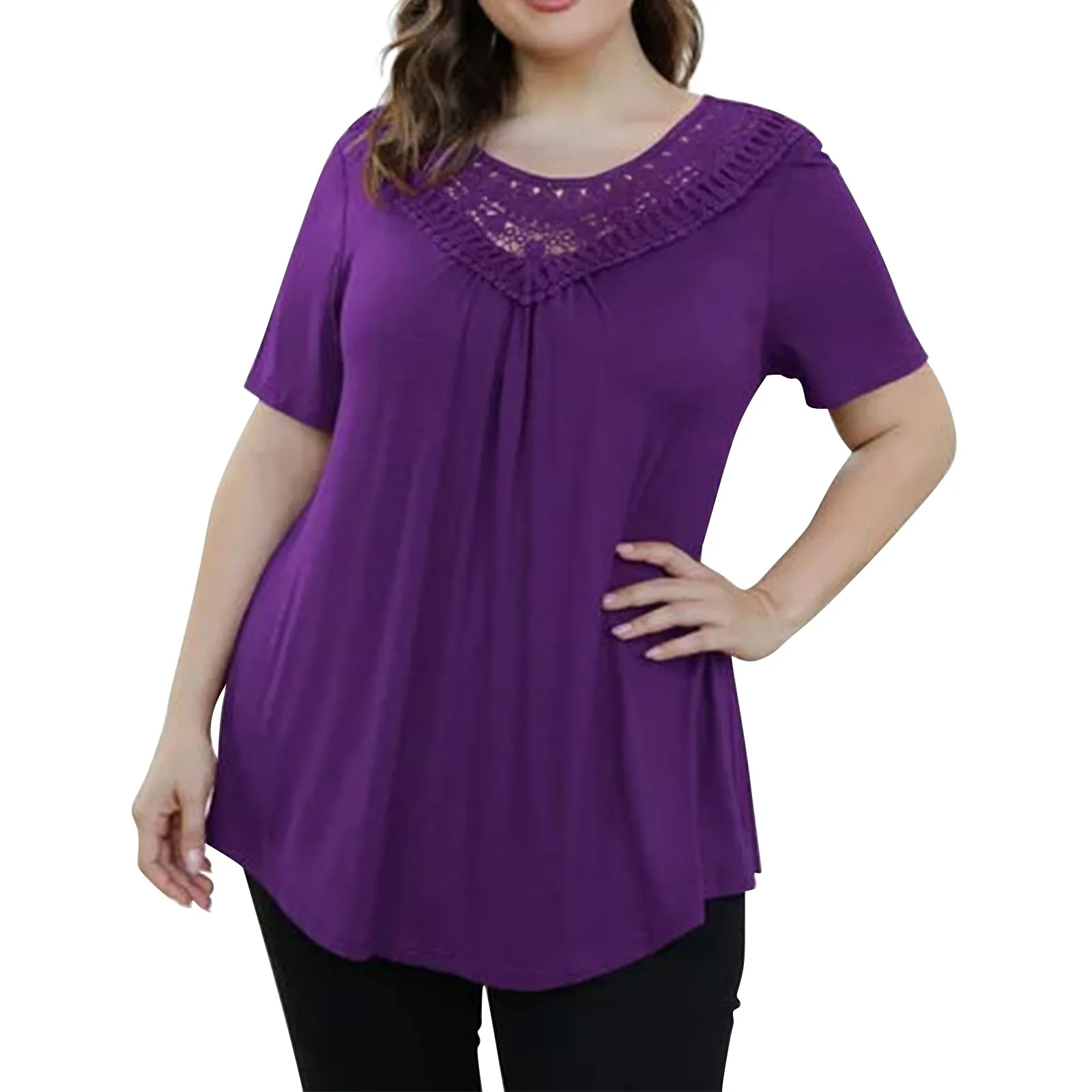 Tops Exercise Women Ladies Plus Size Solid Color Short Sleeve Lace Panel Pleated Shirt Top 1982 Long Sleeve Shirt