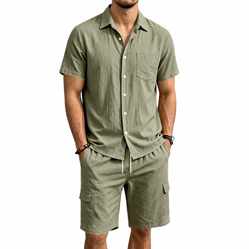 Men Summer American Linen Two Piece Set Short Sleeve Shirt Drawstring Cargo Shorts Loose Casual Outd