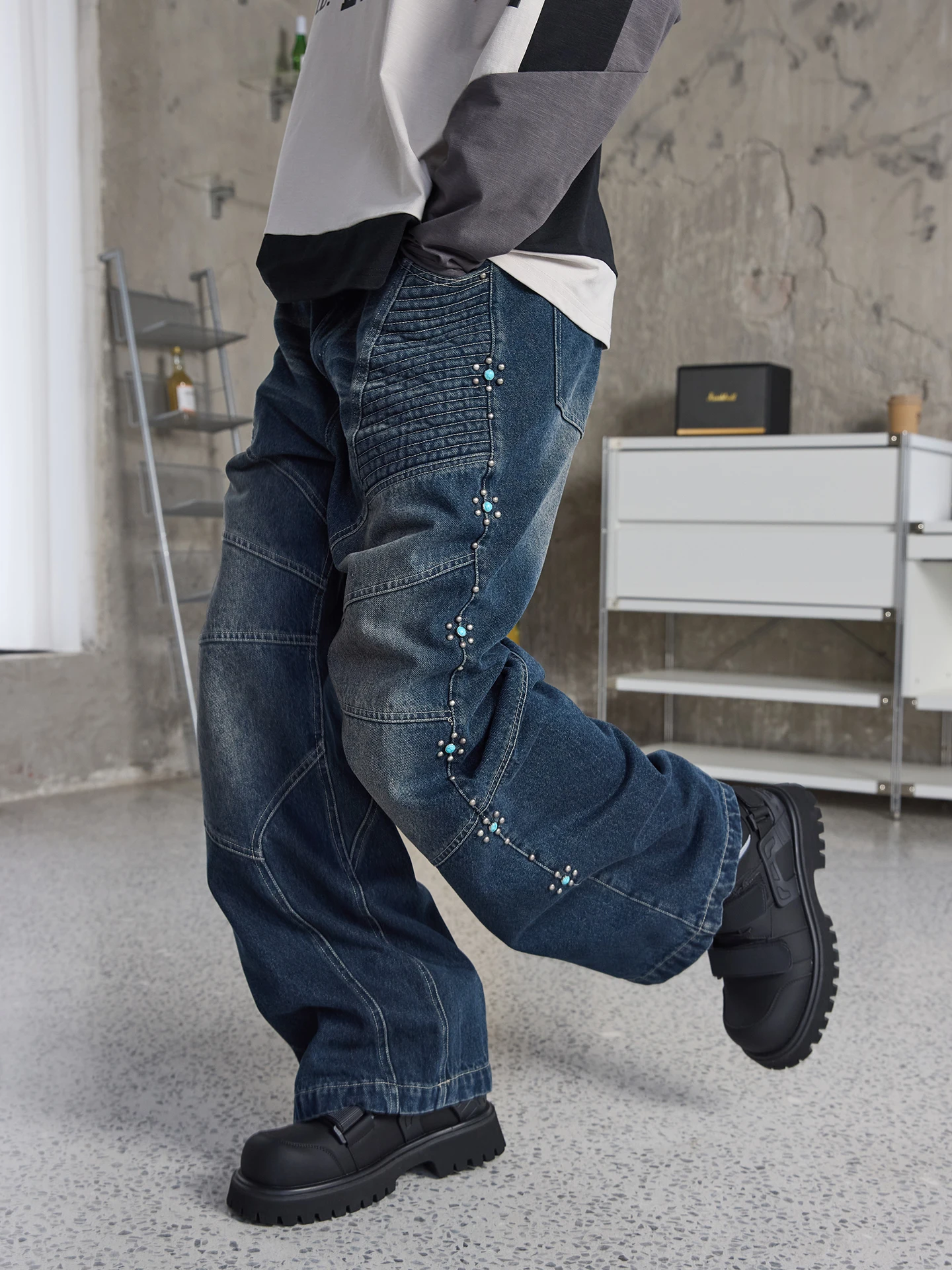 

Loose Straight Leg Jeans Turquoise Decorative Tribe Deep Blue Long Pants Women's Men's Jeans Casual Comfortable Cotton Denim