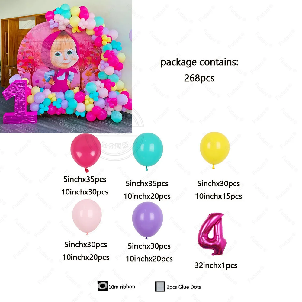 268PCS Disney Martha und Bär Themenballons Bogenset Rot Gelb Grün Latex Ball Mädchen Kind Geburtstag Party Supplies Babyparty