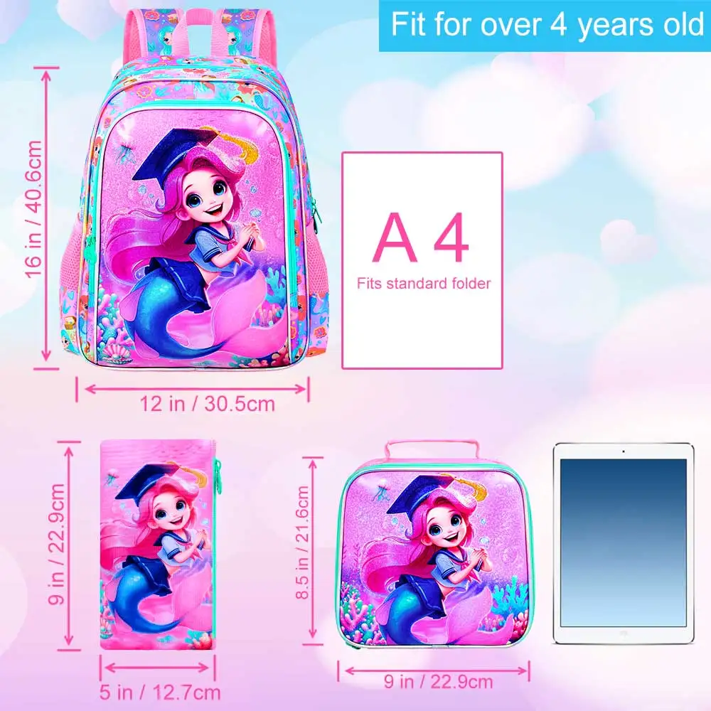 Mochilas de 3 piezas para niñas, mochila para niños de primaria de 16 pulgadas, mochilas escolares preescolares y fiambrera