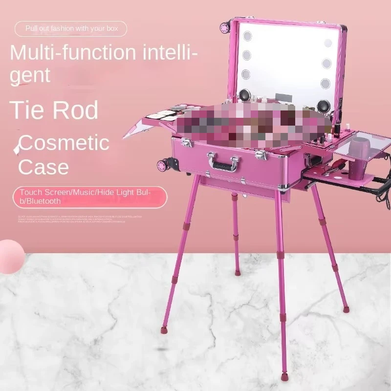 Aluminum Alloy Bluetooth Trolley Case for Makeup Artists Foldable Multifunctional Tattoo Beauty Toolbox Lights Tie Rod Cosmetic
