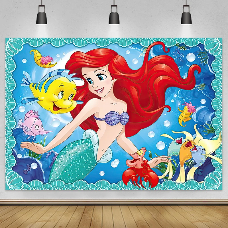 Disney Mermaid Background Baby Girl Birthday Party Decoration Supplies Baby Shower Undersea Photo Poster Photo Studio