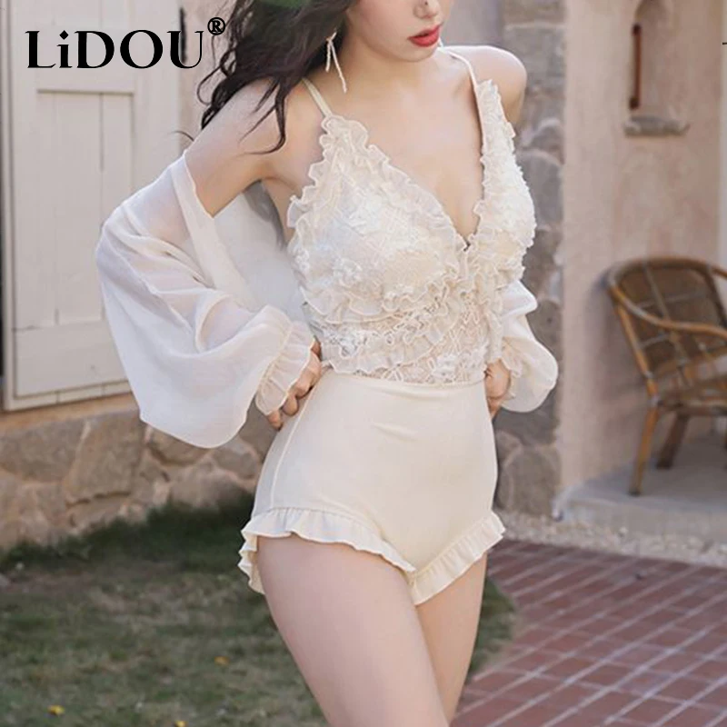 Korean Fashion Sexy Summer Swimsuits Women Solid Color Vintage Sweet Aesthetic Elegant White Hipster Street Lace Swimwear