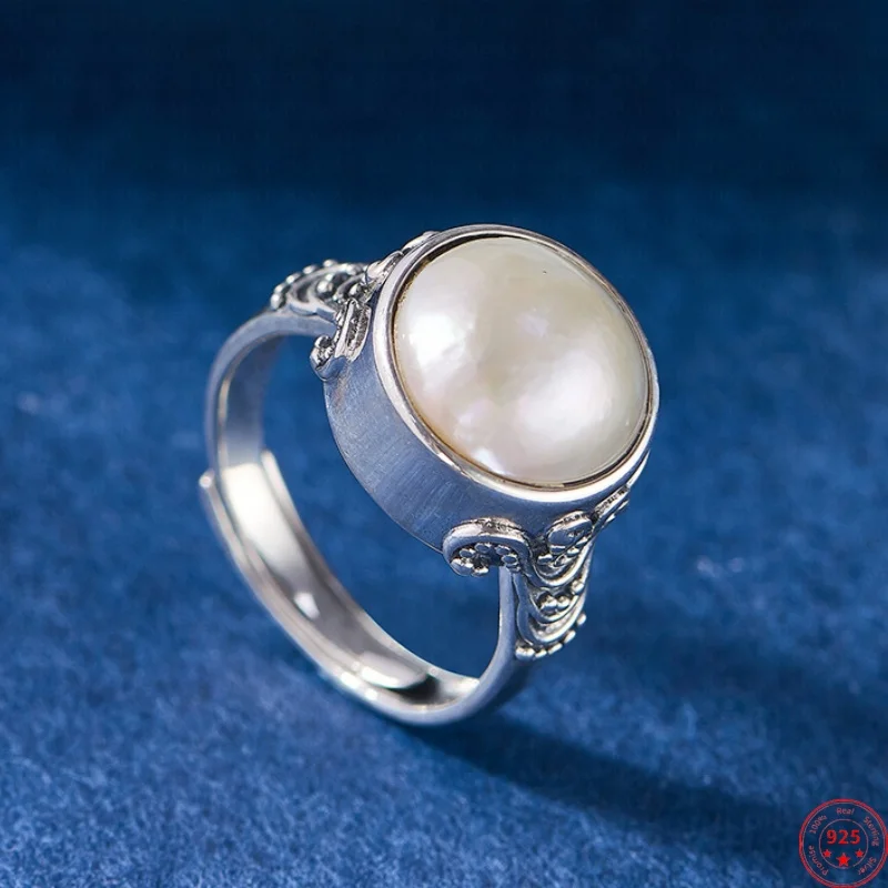 S925 Sterling Silver Charms Rings for Women New Fashion Ancient Emboss Pattern Inlaid Mabe-pearl Ancient Jewelry Free Shipping