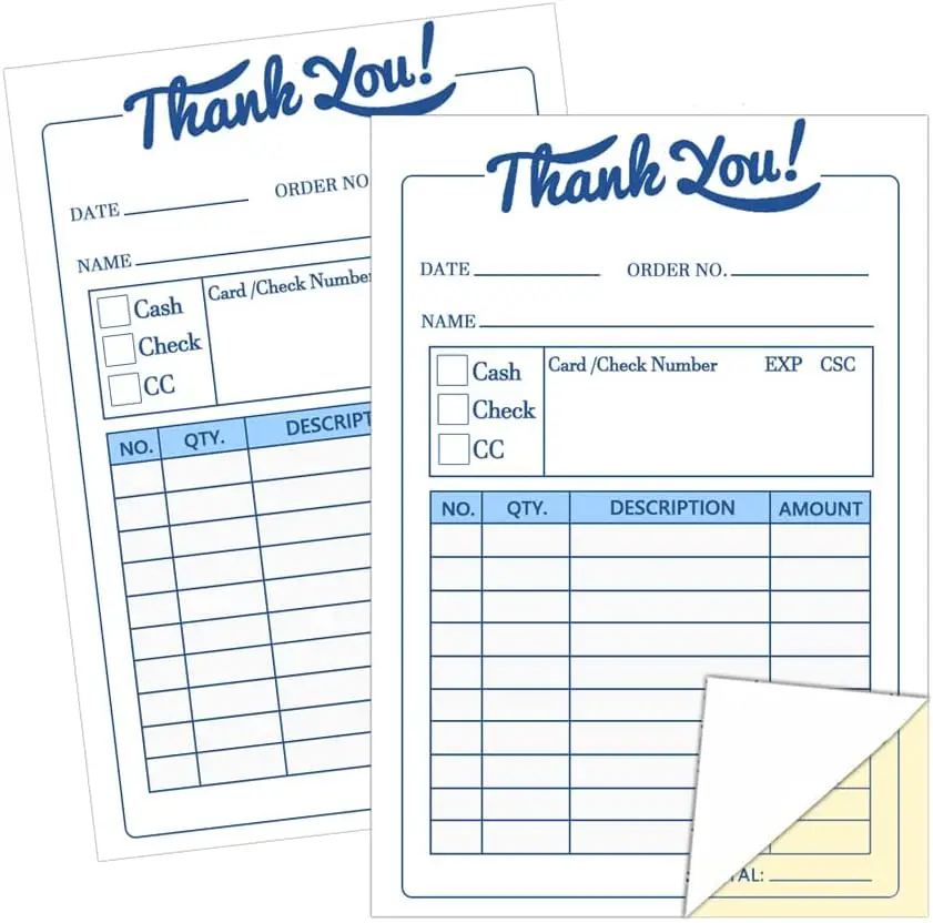 Thank You Receipt Book,3.4x5.5 Inch Order Forms Pad,Invoice Book for Small Business, 2 Part Carbonless, Invoice Pad,50 Sets