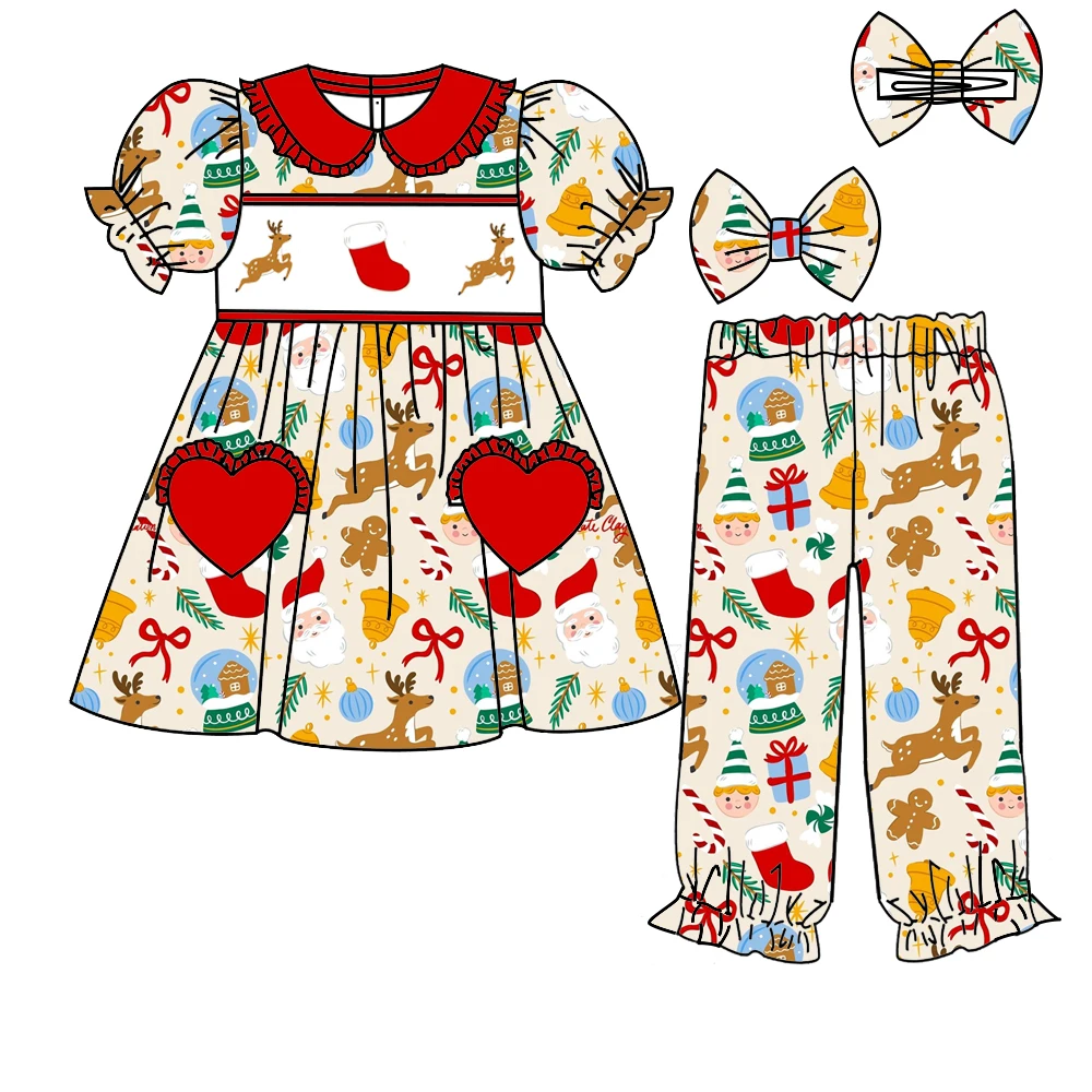 Christmas Kids Not Smocked Pajama Pants Set Girls Fashion Bow Pyjamas Boys Cartoon Clothing Sets
