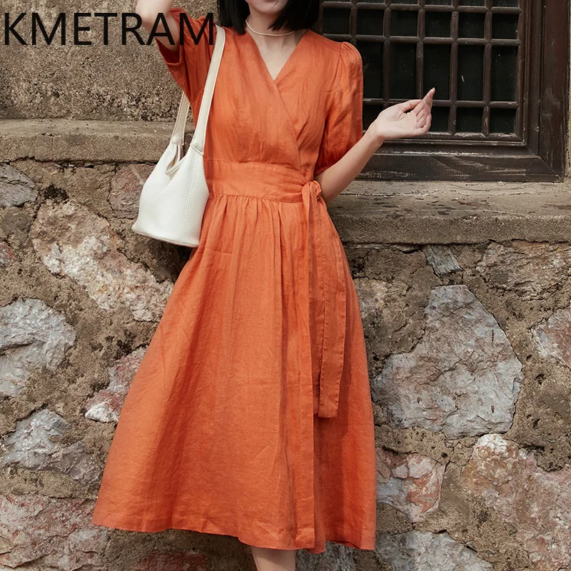 

KMETRAM 100% Ramie Dresses Woman V-Neck Breathable Dresses for Woman Clothing High Quality Summer New in Dresses 2025 Robe Femme