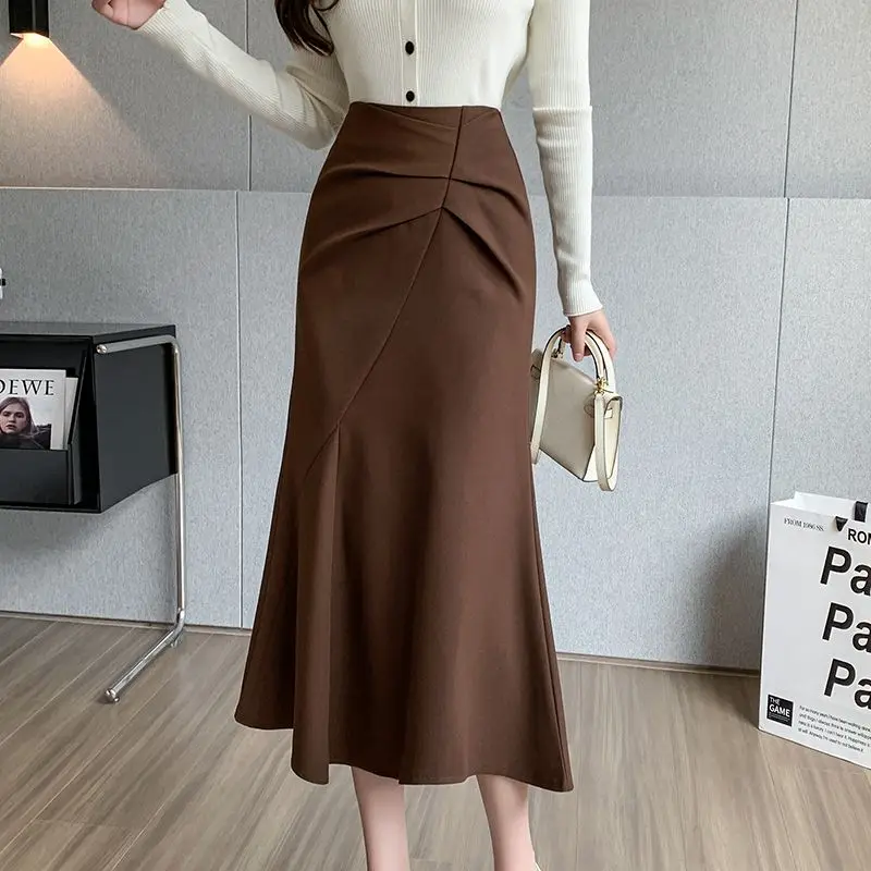 Fishtail Skirt 2023 New Autumn/Winter High Waist Slim Fold French Commuter Wrap Hip Mid Length Half Length Skirts For Women