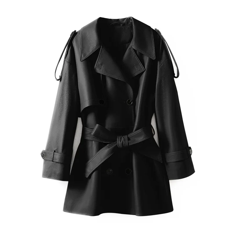 Giacca da donna in vera pelle Autunno Inverno Stile coreano Vestibilità ampia Pelle di pecora Cintura doppiopetto Trench casual di media lunghezza
