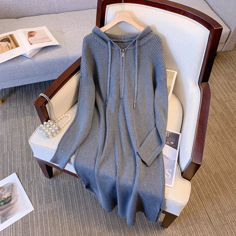 oversized 3XL Solid color Casual zip V-neck Women Knitted Maxi Dress Autumn Elegant Ribbed Long Sleeve Dress Ladies Hooded Dress