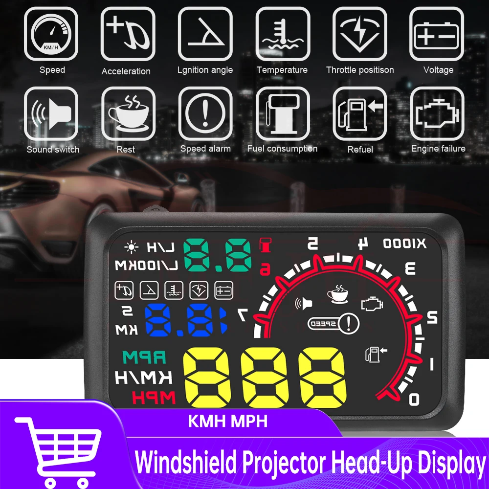 

5.8 inch projector head up display Digital Speedometer Tachometer Speed Water Temp RPM Alarm Voltage Windshield Projector