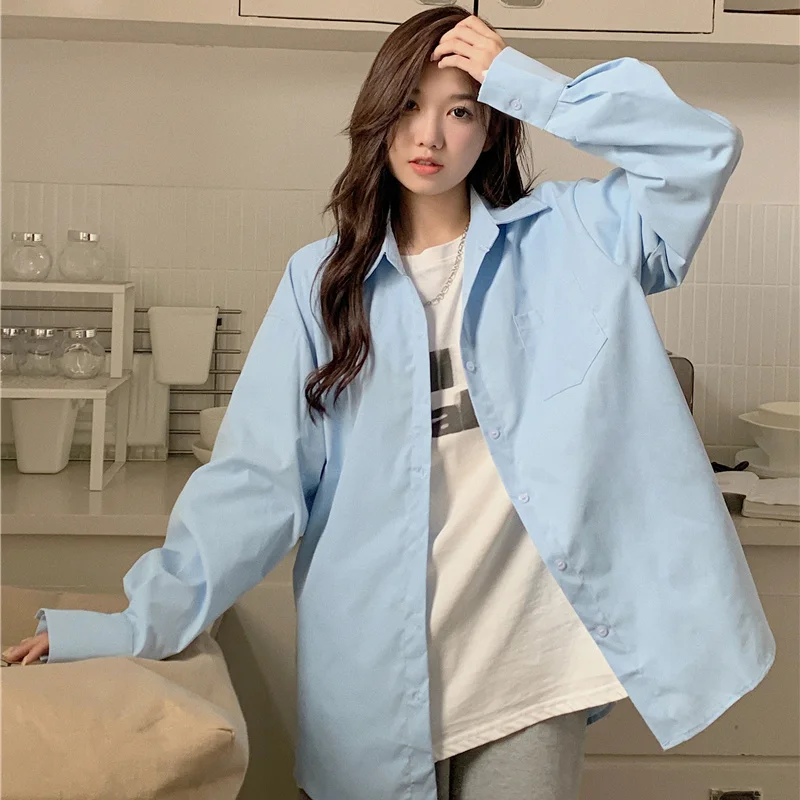 

Hong Kong Style High-end Light Bluer Women with Long Sleeves Inside and Outside Wearing Loose Shirt